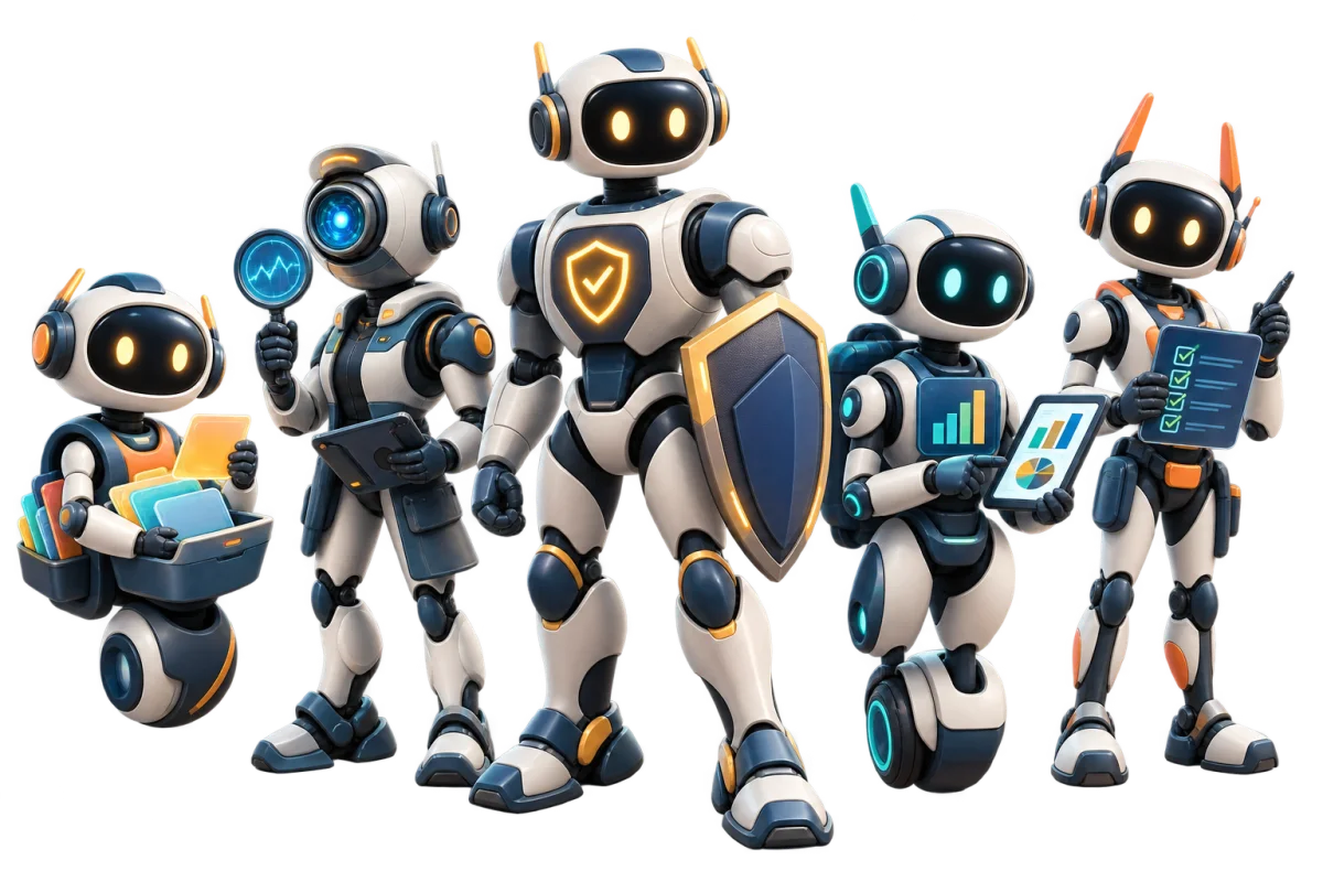 The OpenBank agent crew, the same original robot illustration used in the admin portal.