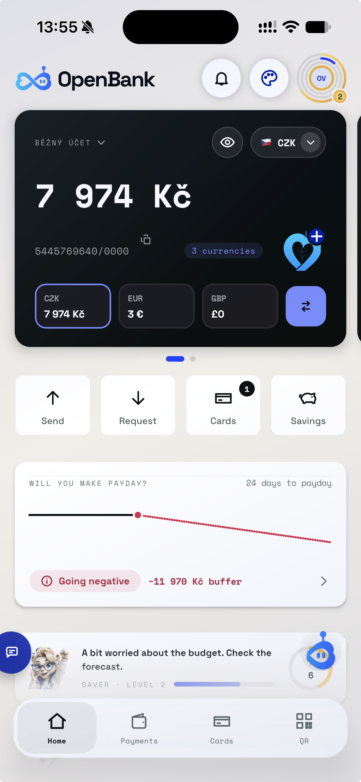 Actual OpenBank iPhone app home screen with the Lípa logo, currency balances, quick actions, payday forecast and assistant.