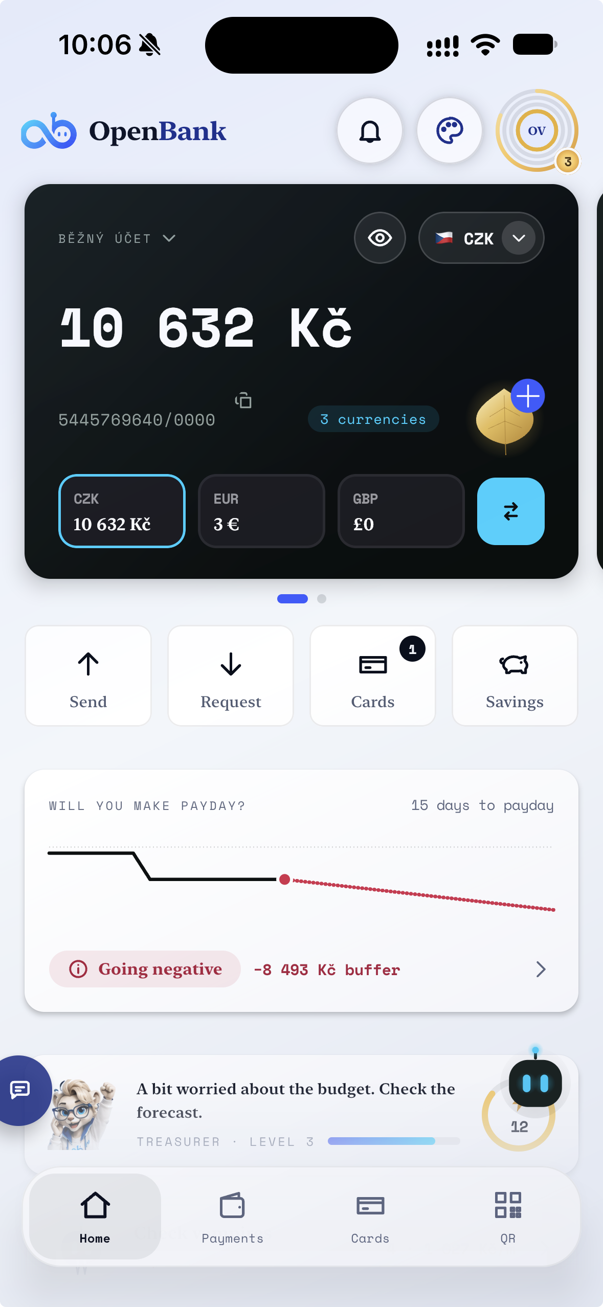 Actual OpenBank app screenshot: CZK account with three currencies, Send, Request, Cards, Savings, payday forecast and the bot assistant.