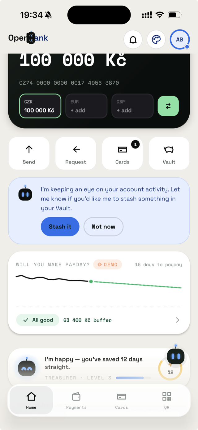 OpenBank customer app home screen — multi-currency balance, quick actions, AI assistant and payday predictor