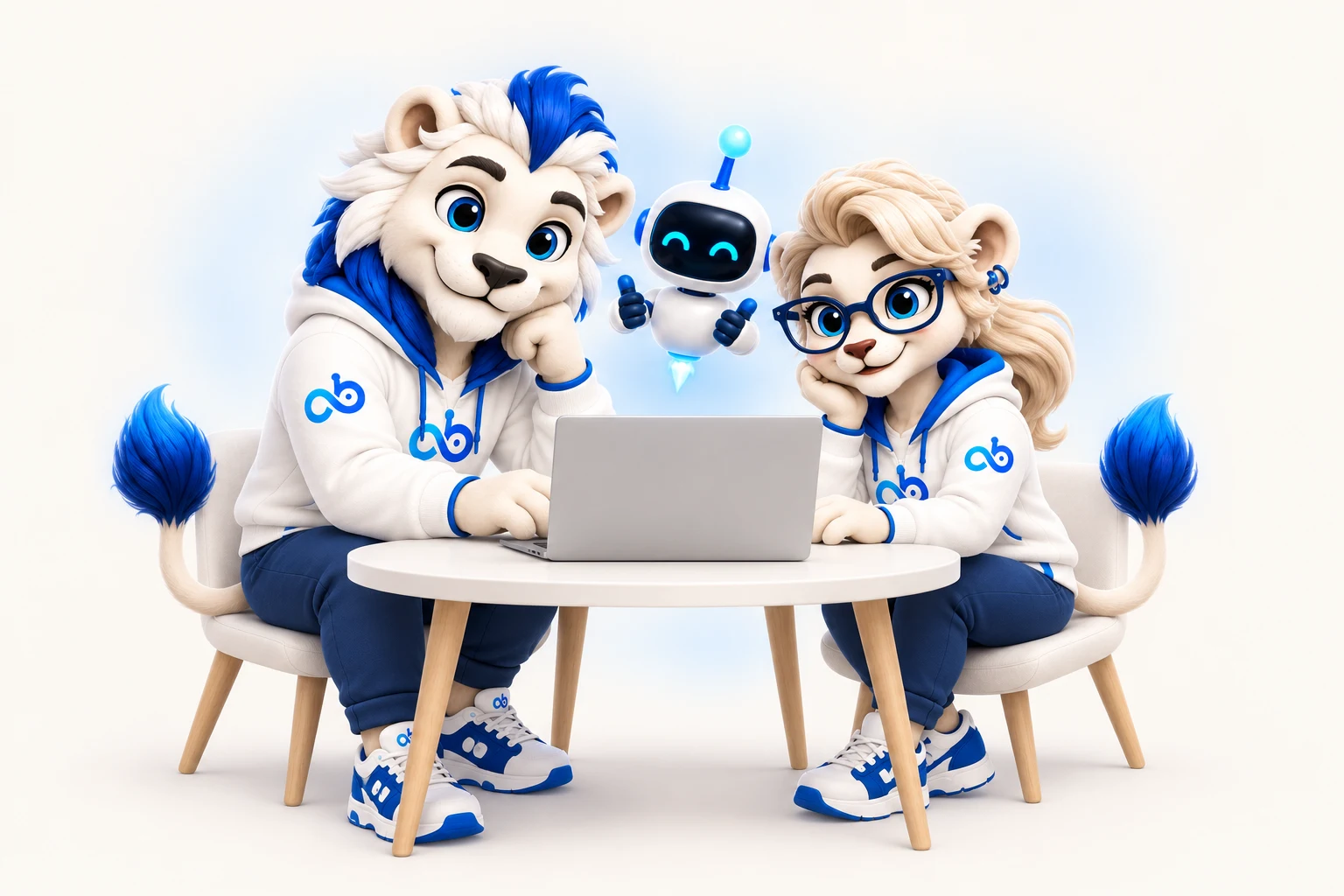 OpenBank’s lion and lioness explore together, with their little bot beside them.